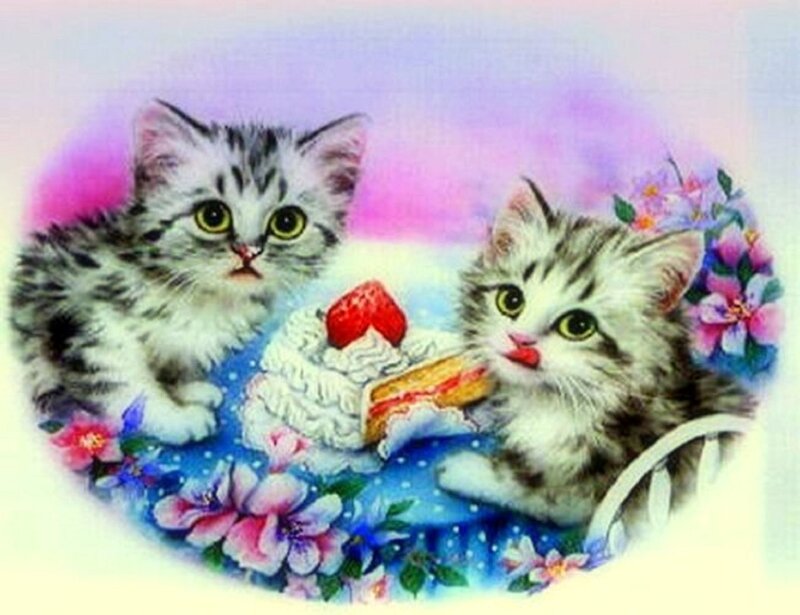 Two Kittens Eating Cake