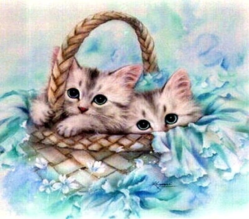 Two Kittens in Basket — Blue, Calm, Painting