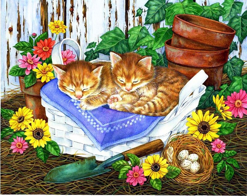 Two Kittens in Basket — Blue, Serene, Spring