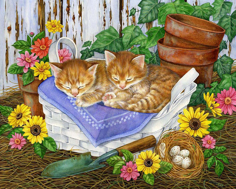 Two Kittens in Basket — Blue, Serene
