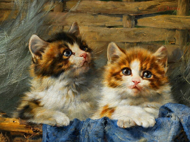 Two Kittens in Basket — Blue