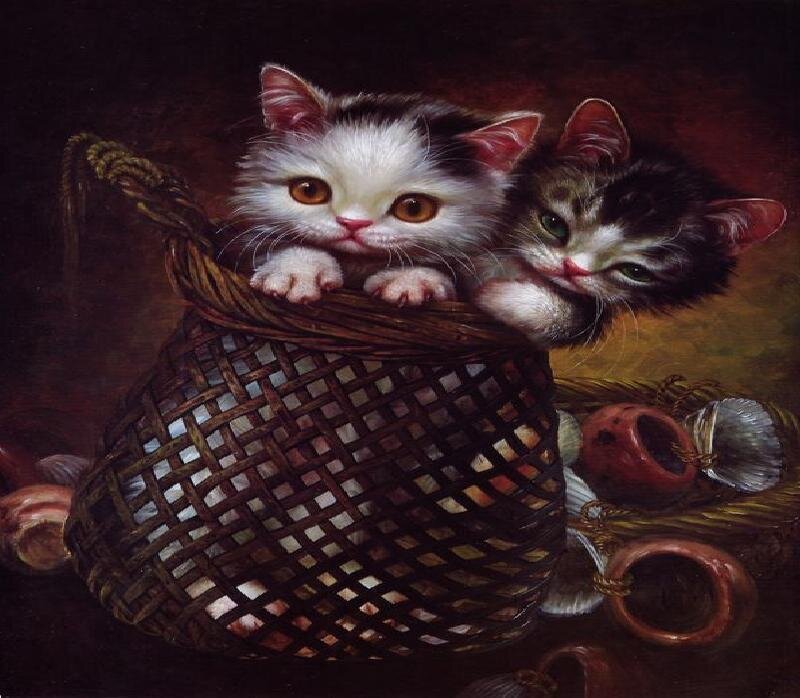 Two Kittens in Basket — Brown, Calm