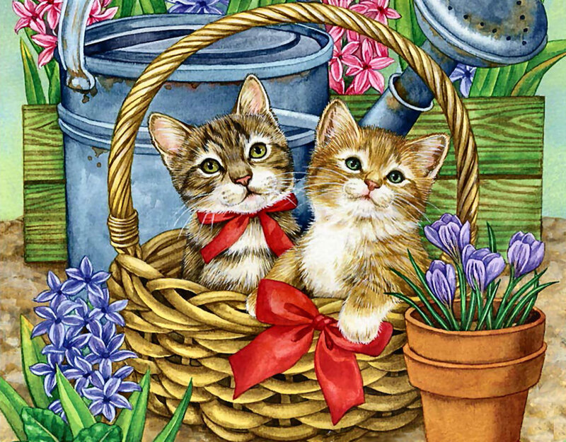 Two Kittens in Basket — Brown, Cheerful