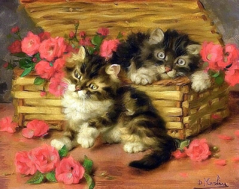 Two Kittens in Basket — Pink, Calm, Painting, Roses