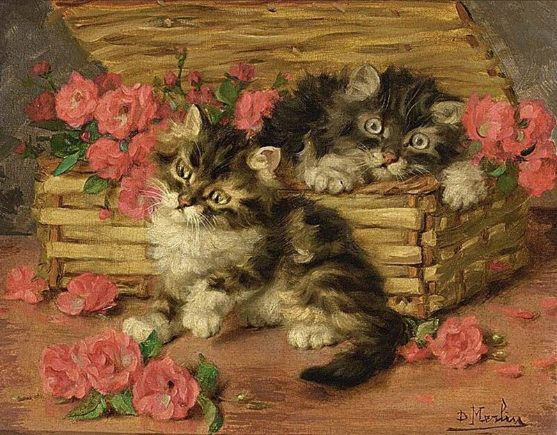 Two Kittens in Basket — Pink, Calm, Painting