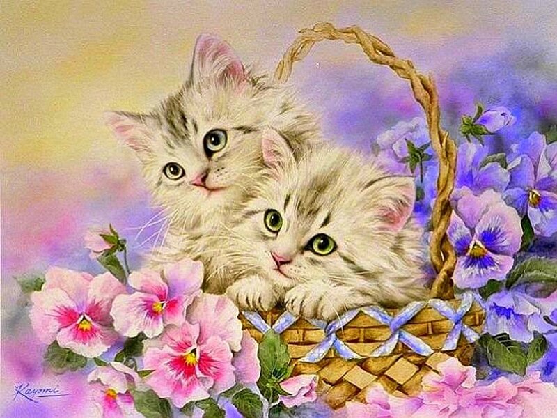 Two Kittens in Basket — Purple, Calm, Spring, Illustration