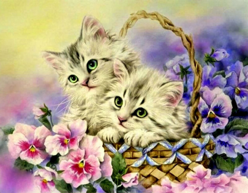 Two Kittens in Basket — Purple, Serene, Spring, Illustration