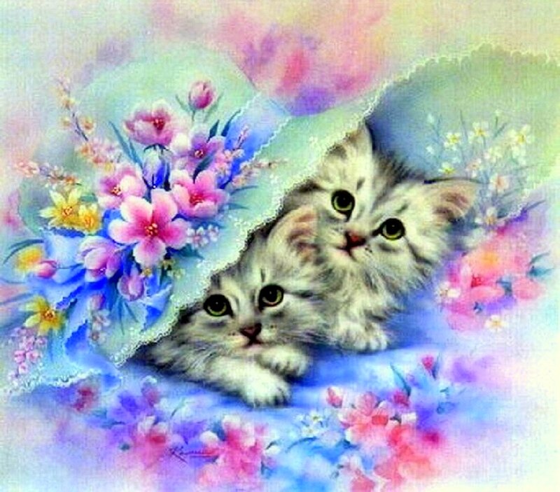 Two Kittens in Flowers — Blue, Serene, Spring