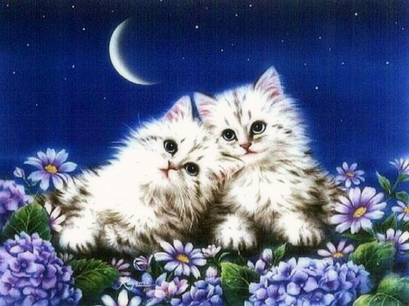 Two Kittens in Flowers — Blue, Serene