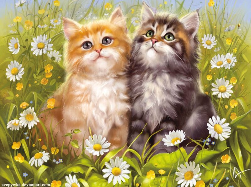 Two Kittens in Flowers — Green, Serene