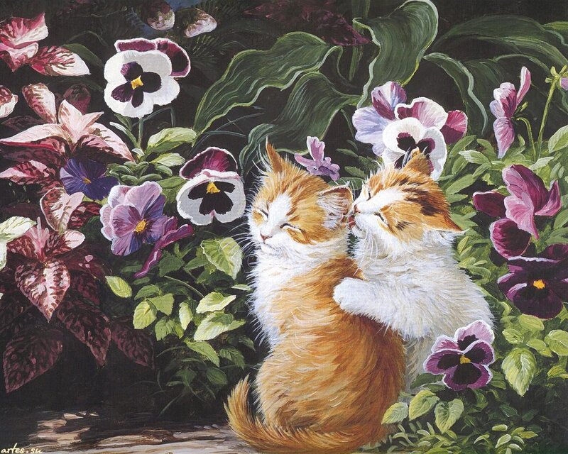 Two Kittens in Flowers — Green