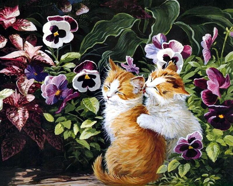 Two Kittens in Flowers — Orange, Serene