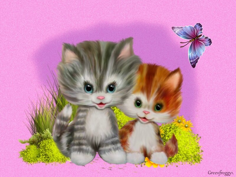Two Kittens in Flowers — Pink, Playful