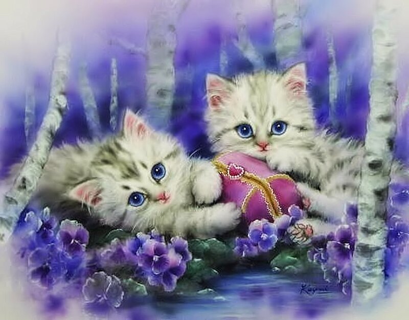 Two Kittens in Flowers — Purple, Serene, Illustration