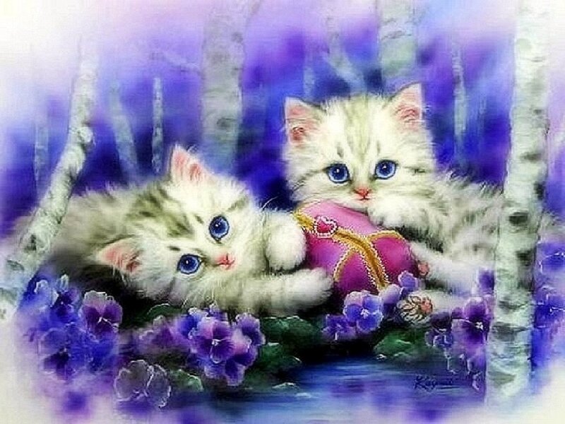 Two Kittens in Flowers — Purple, Serene