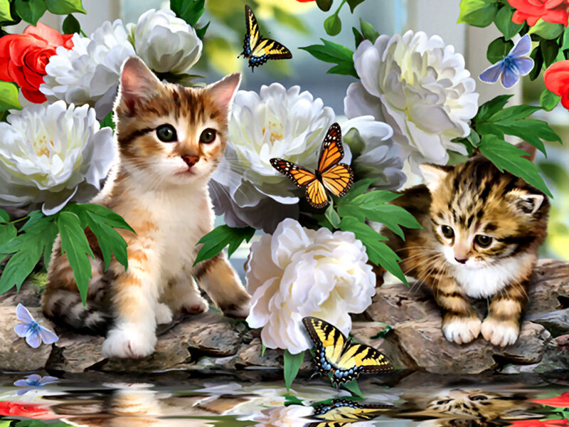 Two Kittens in Flowers — White, Serene, Spring, Digital Art, Butterflies
