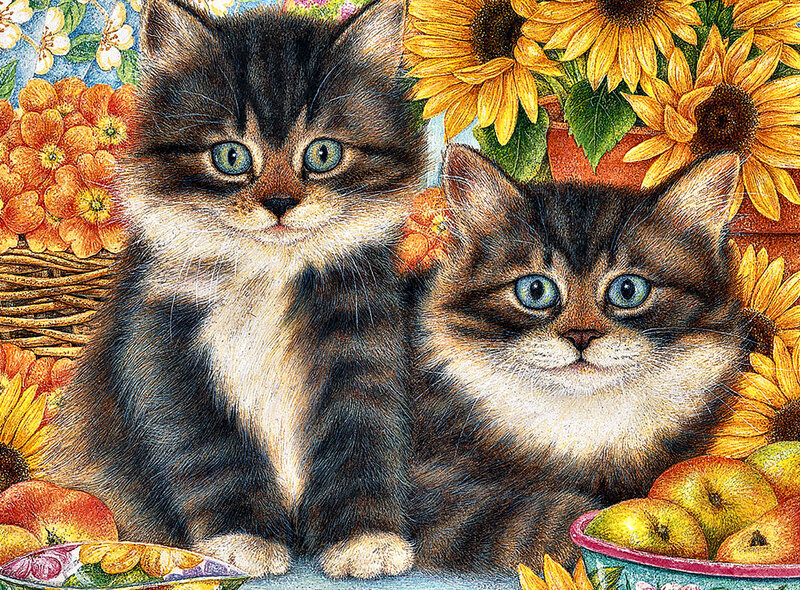 Two Kittens in Flowers — Yellow, Calm, Autumn