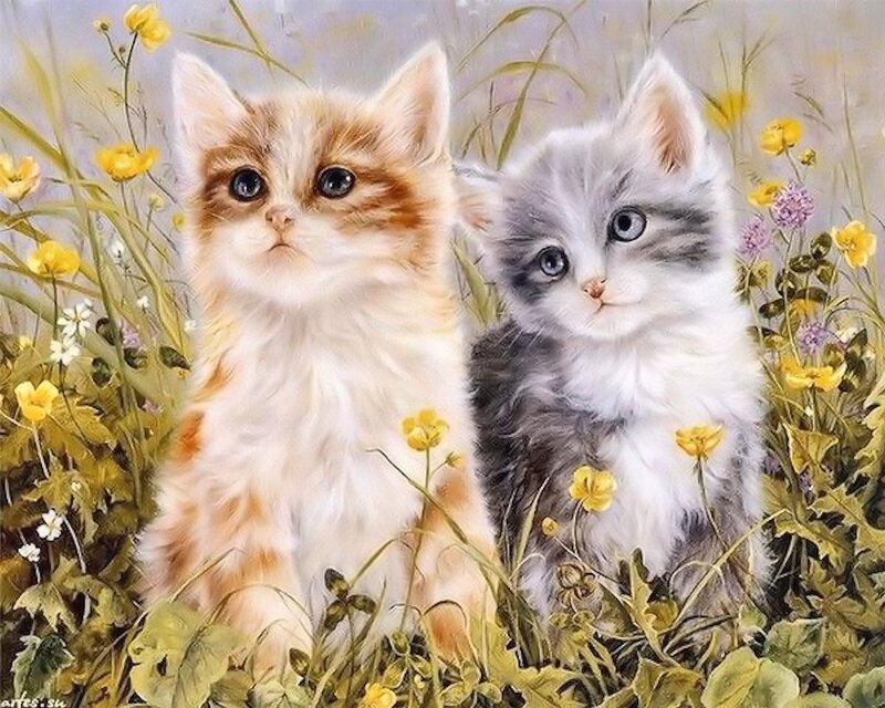 Two Kittens in Flowers — Yellow, Serene, Spring, Painting