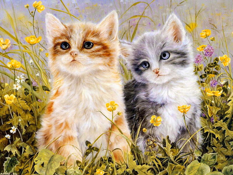 Two Kittens in Flowers — Yellow, Serene