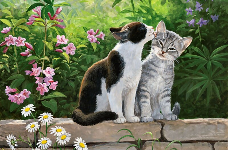 Two Kittens in Garden — Green, Peaceful, Spring, Painting