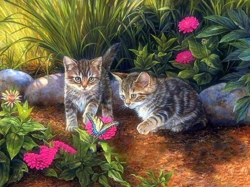 Two Kittens in Garden — Green, Serene, Afternoon, Painting, Butterfly