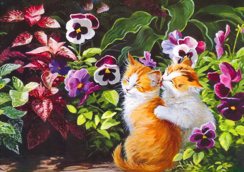 Two Kittens in Garden — Green, Serene, Afternoon, Painting
