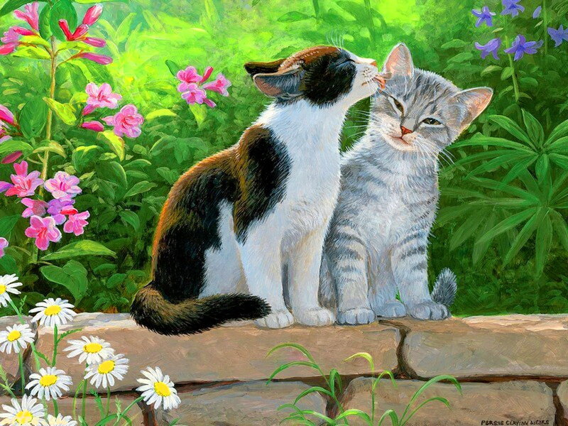 Two Kittens in Garden — Green, Serene, Spring, Painting