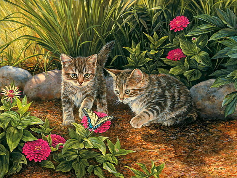 Two Kittens in Garden — Green, Serene