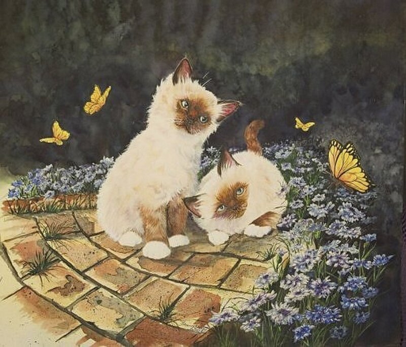 Two Kittens in Garden — White, Serene, Night