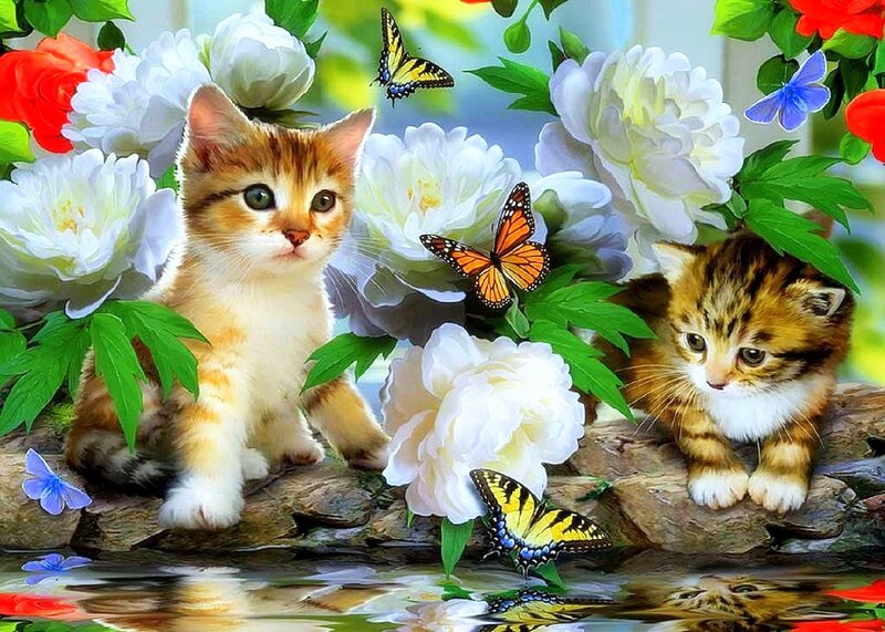 Two Kittens in Garden — White, Serene, Spring, Digital Art