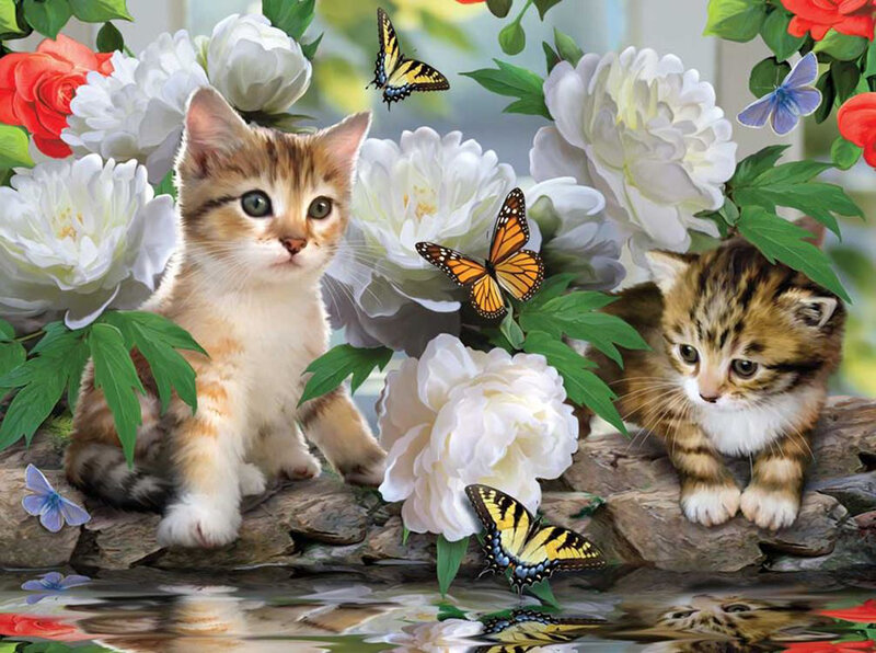 Two Kittens in Garden — White, Serene, Spring, Illustration