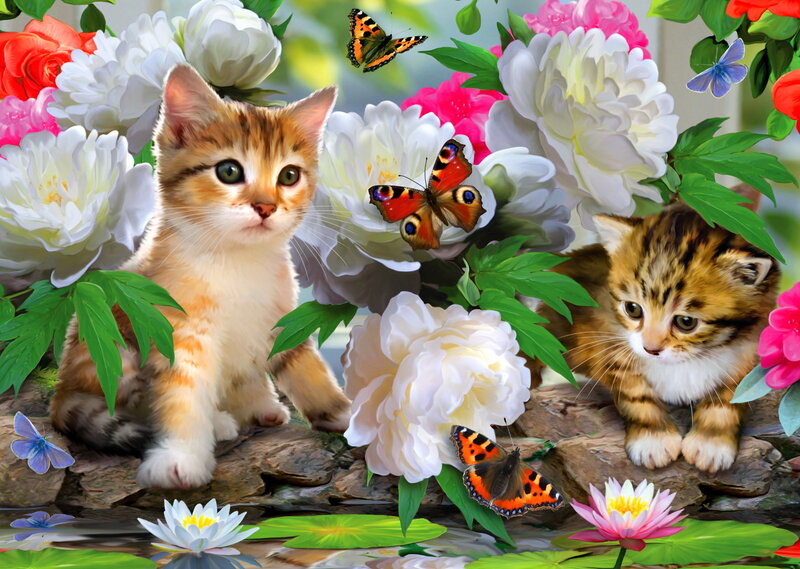 Two Kittens in Garden — White, Serene, Spring
