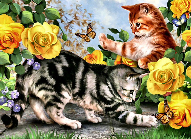 Two Kittens in Garden — Yellow, Peaceful, Spring