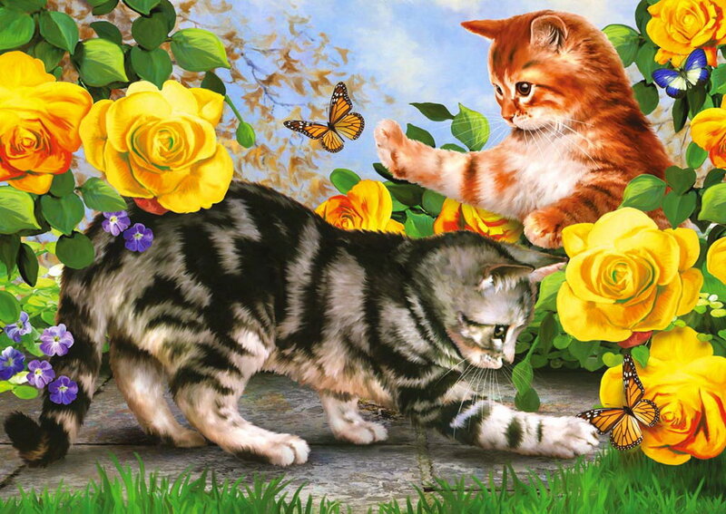 Two Kittens in Garden — Yellow, Peaceful