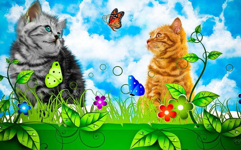 Two Kittens in Grass — Green, Playful