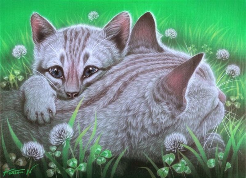 Two Kittens in Grass — Green, Serene, Spring, Painting