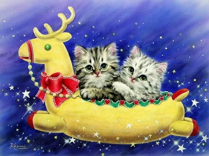 Two Kittens in Sleigh — Blue