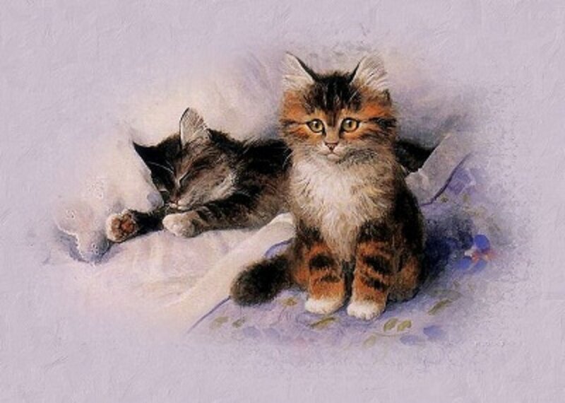 Two Kittens on Blanket — White, Calm, Painting