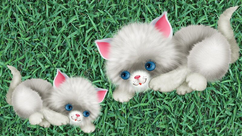 Two Kittens on Grass — Green, Playful