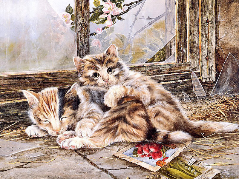 Two Kittens on Straw — Brown