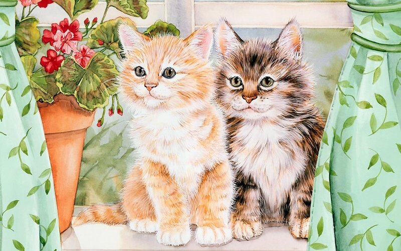 Two Kittens on Windowsill — Green, Calm