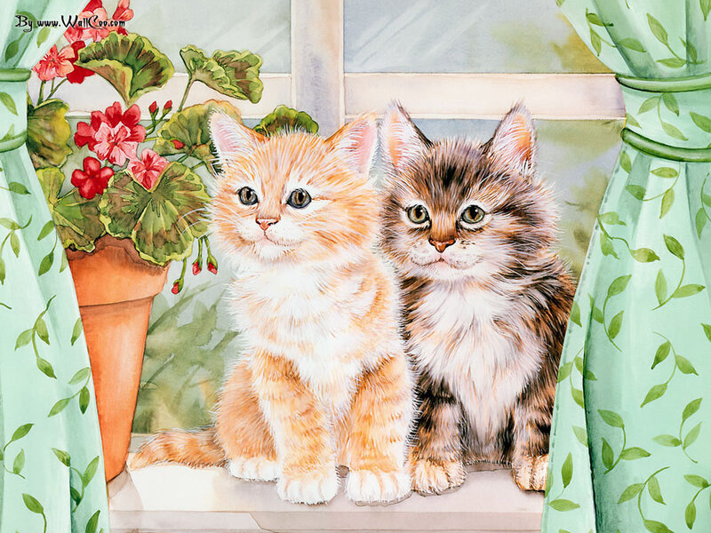 Two Kittens on Windowsill — Green