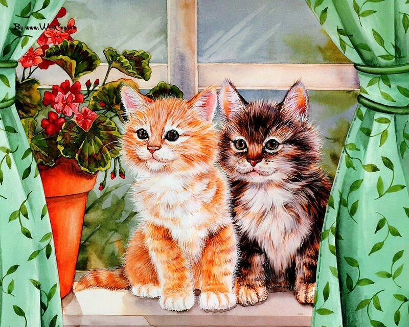 Two Kittens on Windowsill — Orange