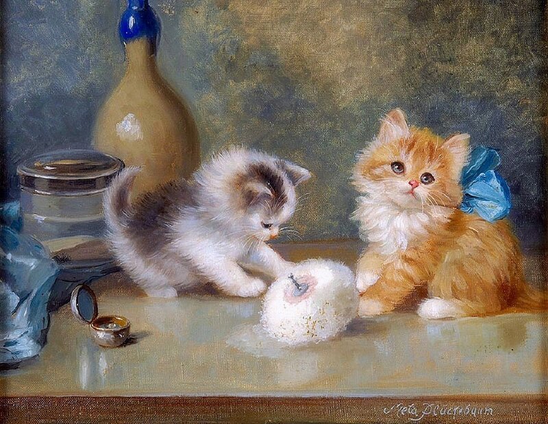 Two Kittens Playing — Brown, Calm, Painting, Bottle
