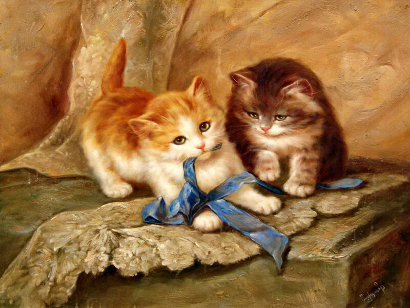 Two Kittens Playing — Brown, Calm, Painting