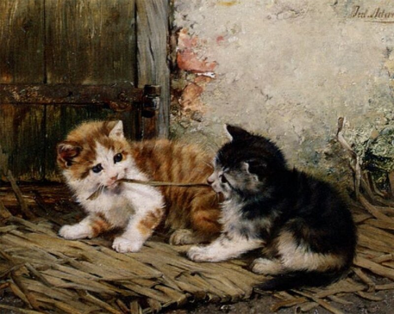 Two Kittens Playing — Brown, Playful, Painting