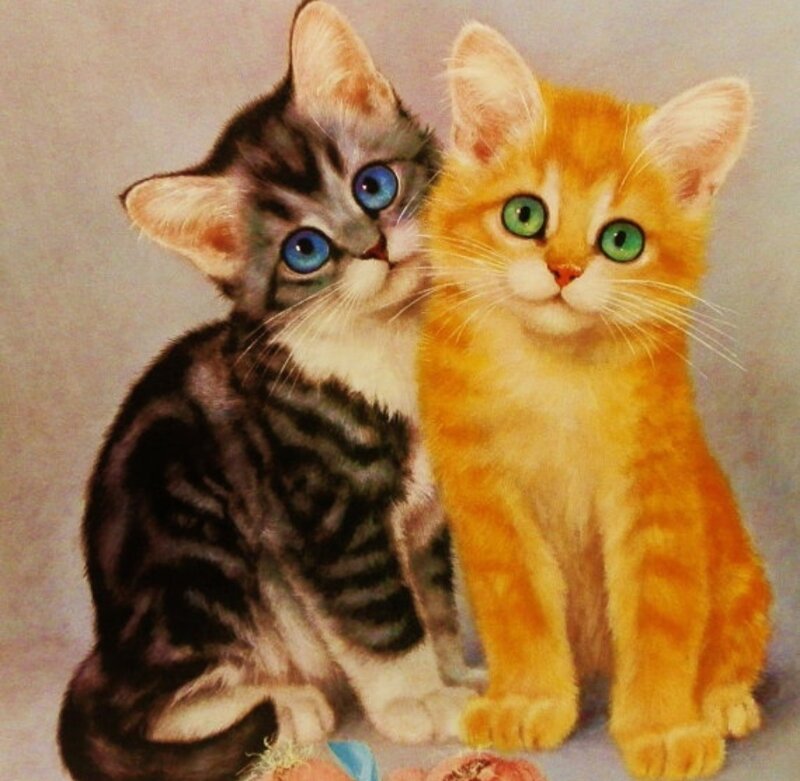 Two Kittens Sitting — Orange, Calm, Painting