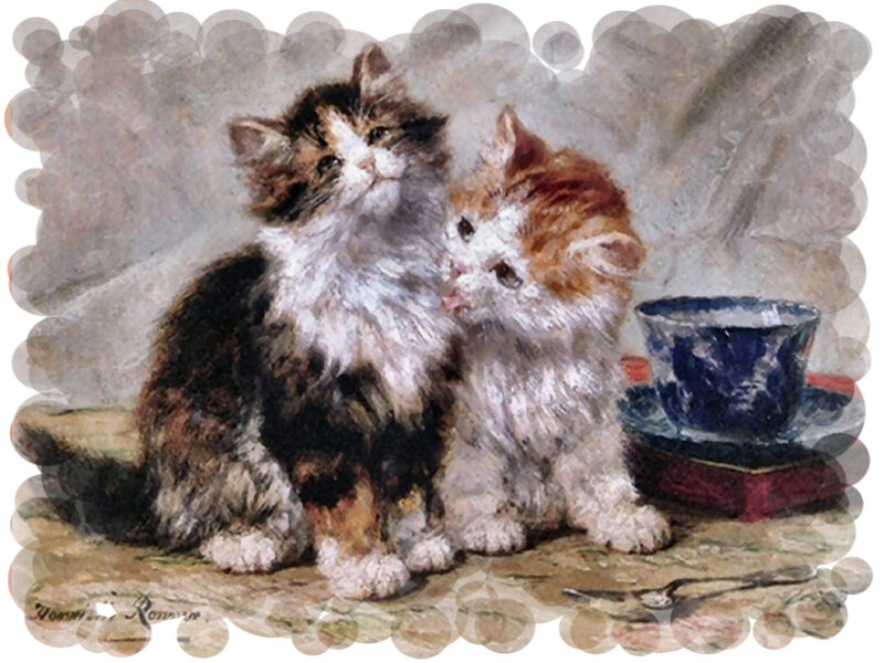Two Kittens Sitting — White, Calm, Painting