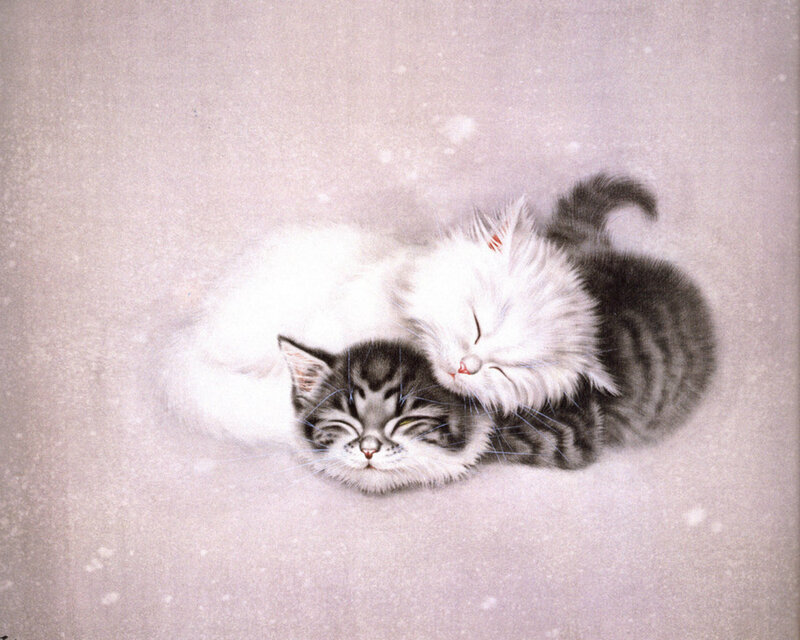 Two Kittens Sleeping — White, Peaceful, Winter, Painting