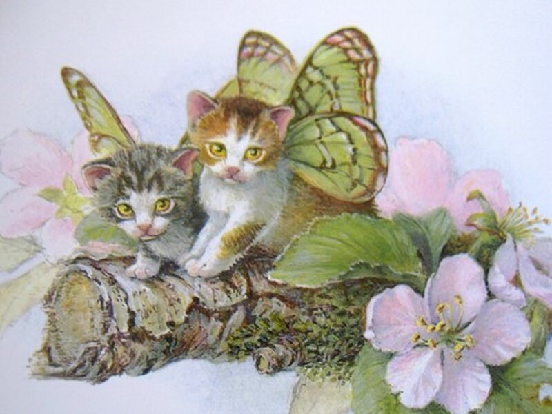 Two Kittens with Butterfly Wings — Green